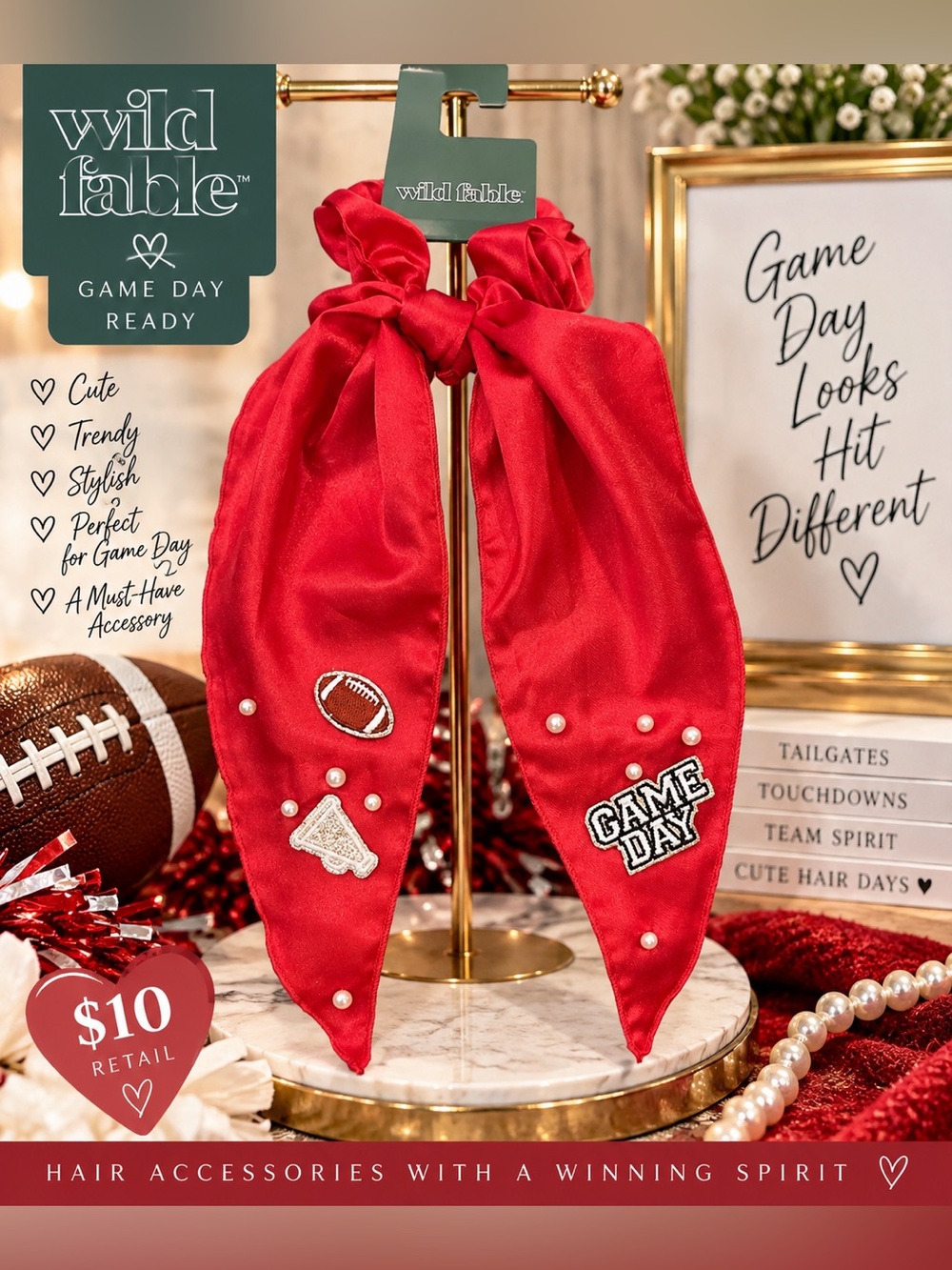Wild Fable Red Game Day Football Satin Scarf Scrunchie Pearls Gold Glitter NWT